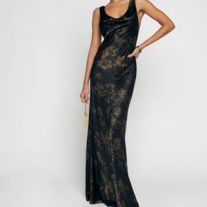 Reformation Annabelle Silk Dress in Night Garden Black Gold Maxi.